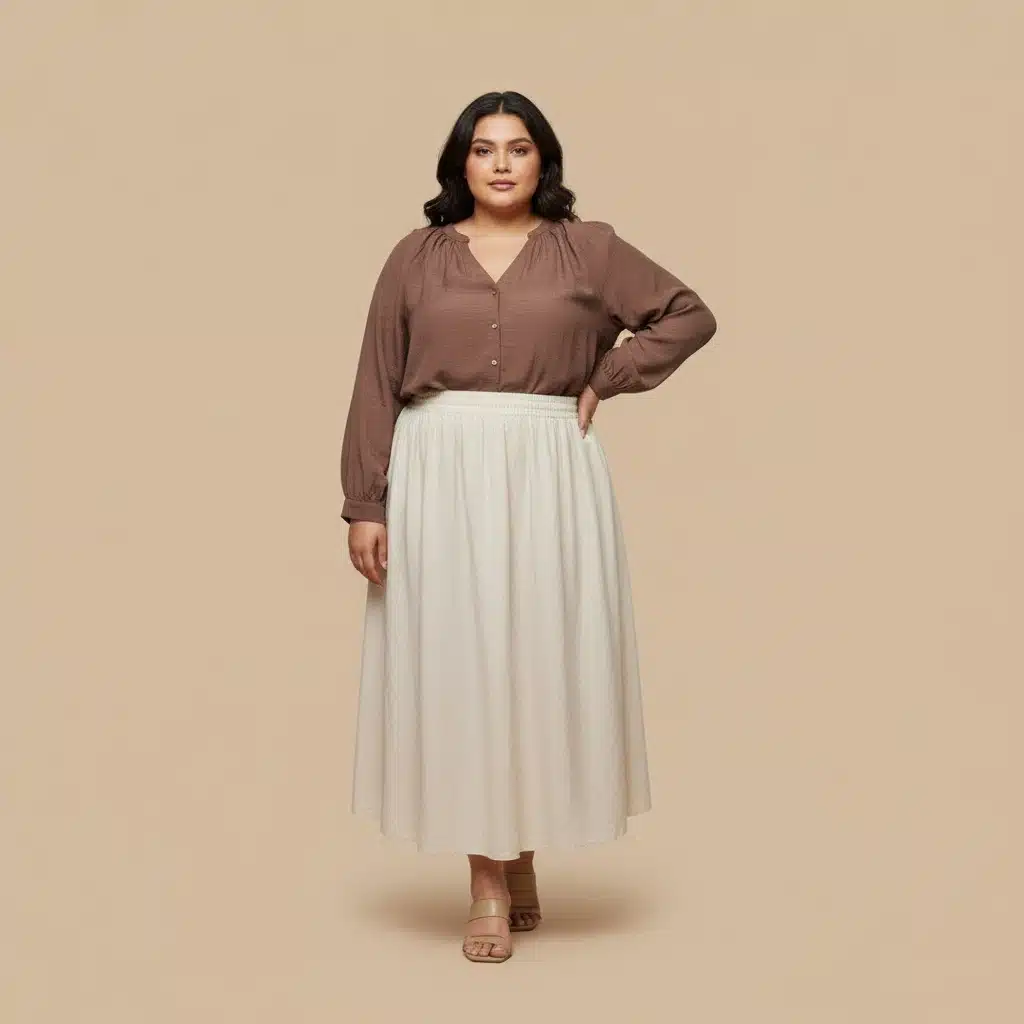 Kavi put this skirt and top on a plus size female model. Use the first 03a11a14 649e 4aec 9085 808c55a55c5b 1